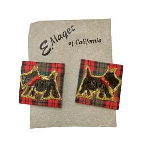 Vintage 1980s Scottie Dog Plaid Clip Earrings